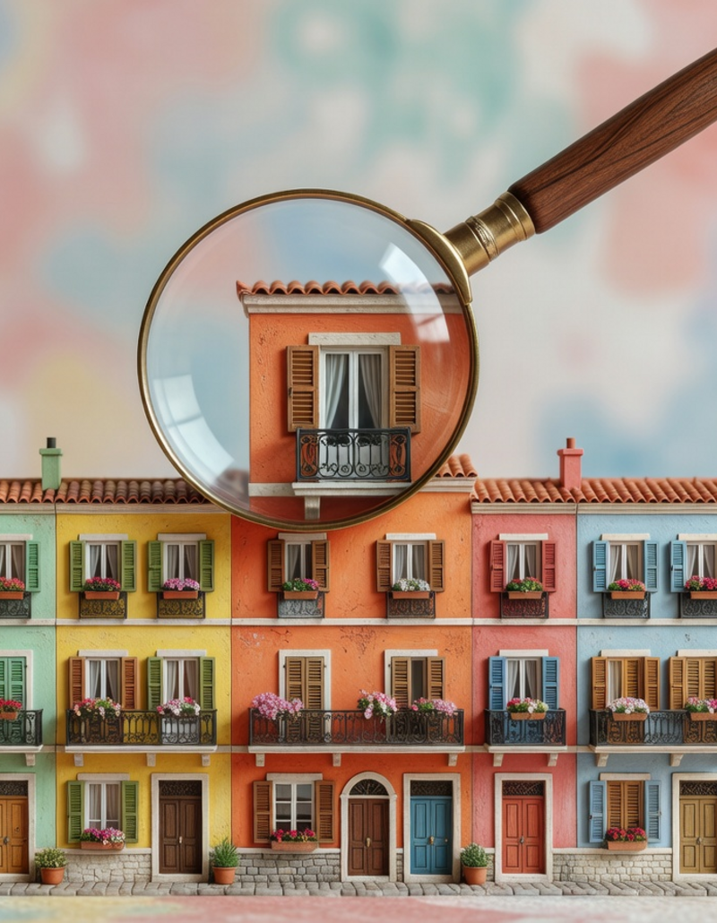 **EN:** `Magnifying glass over a row of boutique hotel facades – one hotel in focus, the others blurred`  **DE:** `Lupe über einer Reihe von Boutique-Hotel-Fassaden – ein Hotel im Fokus, die anderen unscharf`