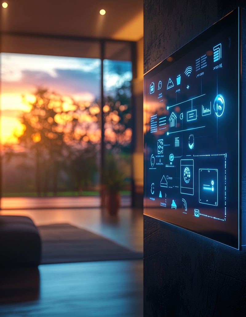 Smart hotel dashboard with AI-powered controls on a digital screen at sunset