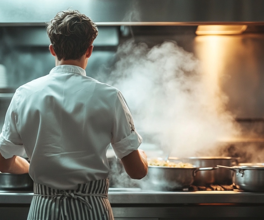 Chef in a white jacket and striped apron, seen from behind, working at the stove of a professional kitchen surrounded by steaming pots and pans