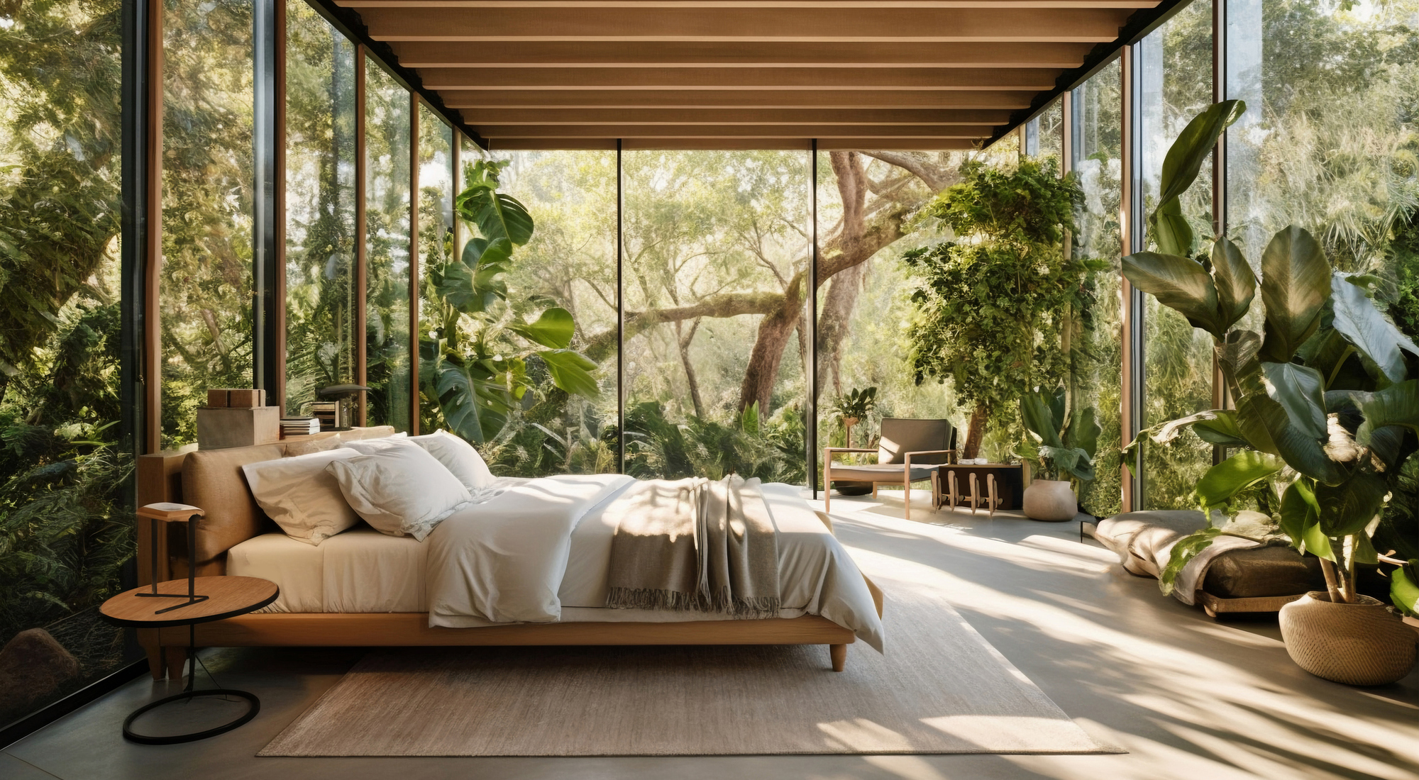 Luxury resort interior design with natural light, sustainable materials and eco-friendly style.