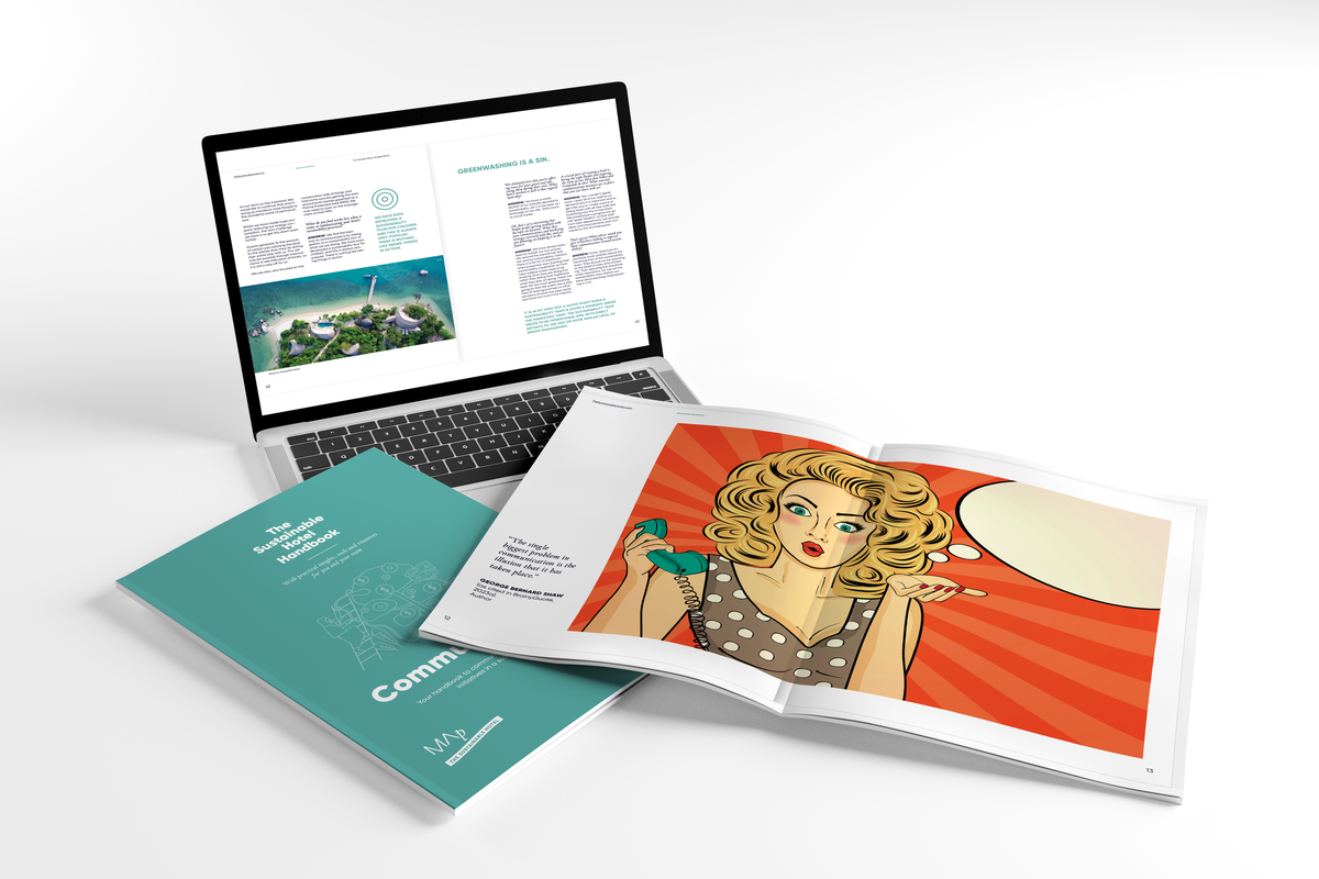 Open laptop with handbook pages and an open printed spread; teal Communication handbook beside