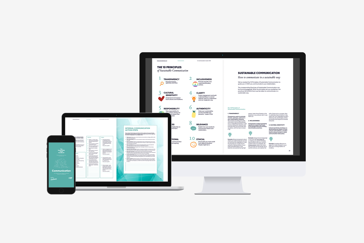 Interior pages of the Communication handbook shown on phone, laptop, and desktop highlighting the ten principles