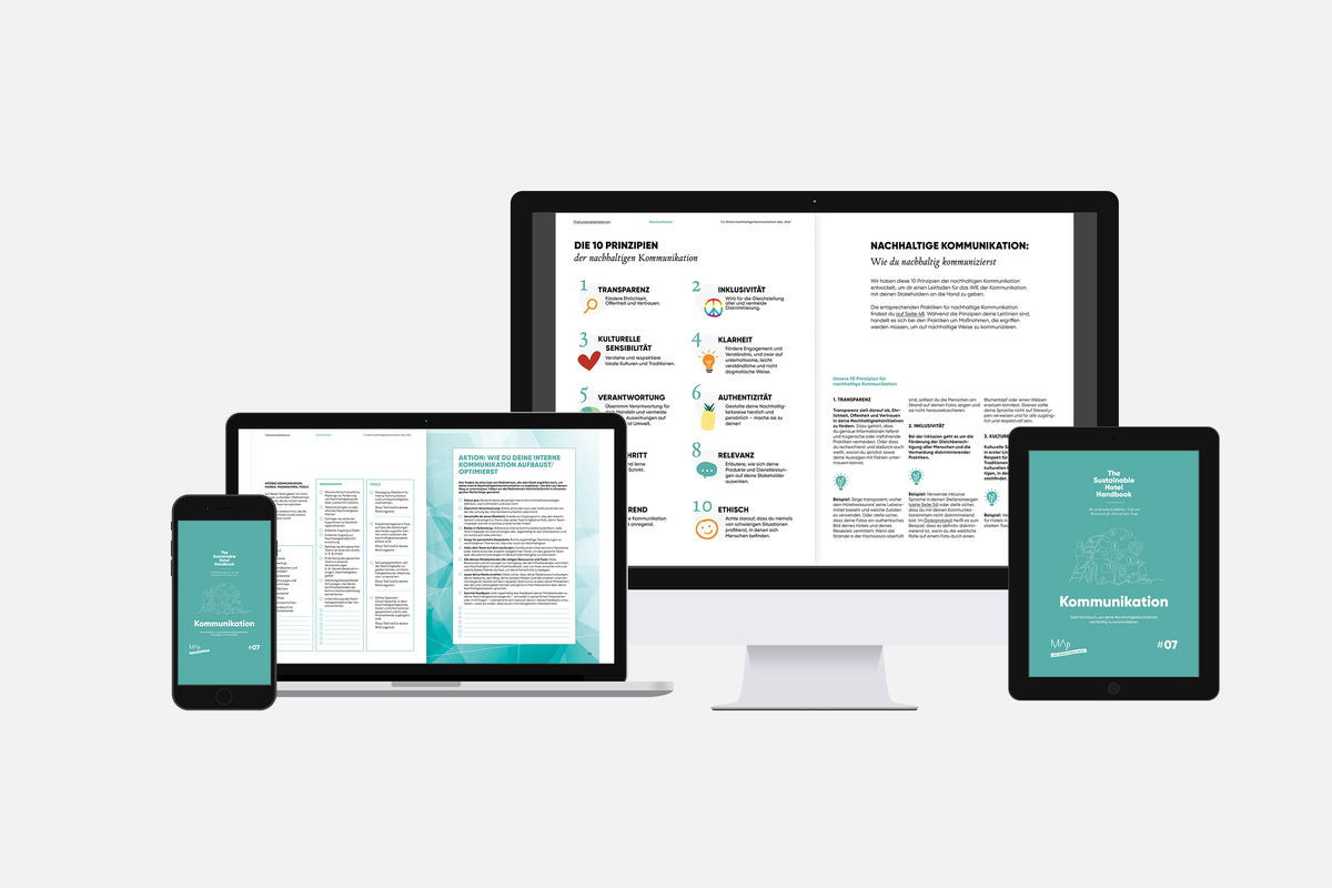 Innenseiten des Kommunikationshandbuchs auf Smartphone, Laptop und Desktop mit den zehn Prinzipien