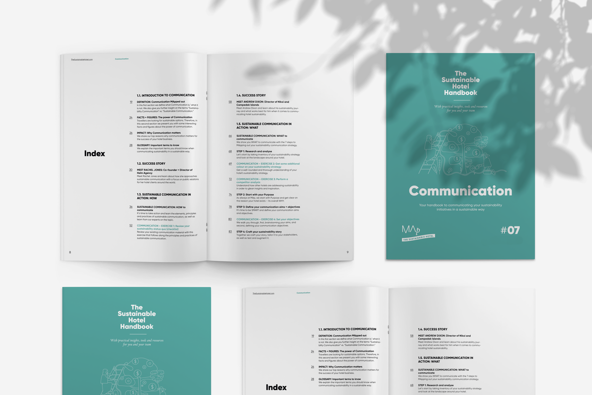 Table of contents for The Sustainable Hotel Handbook: Communication shown next to the teal cover