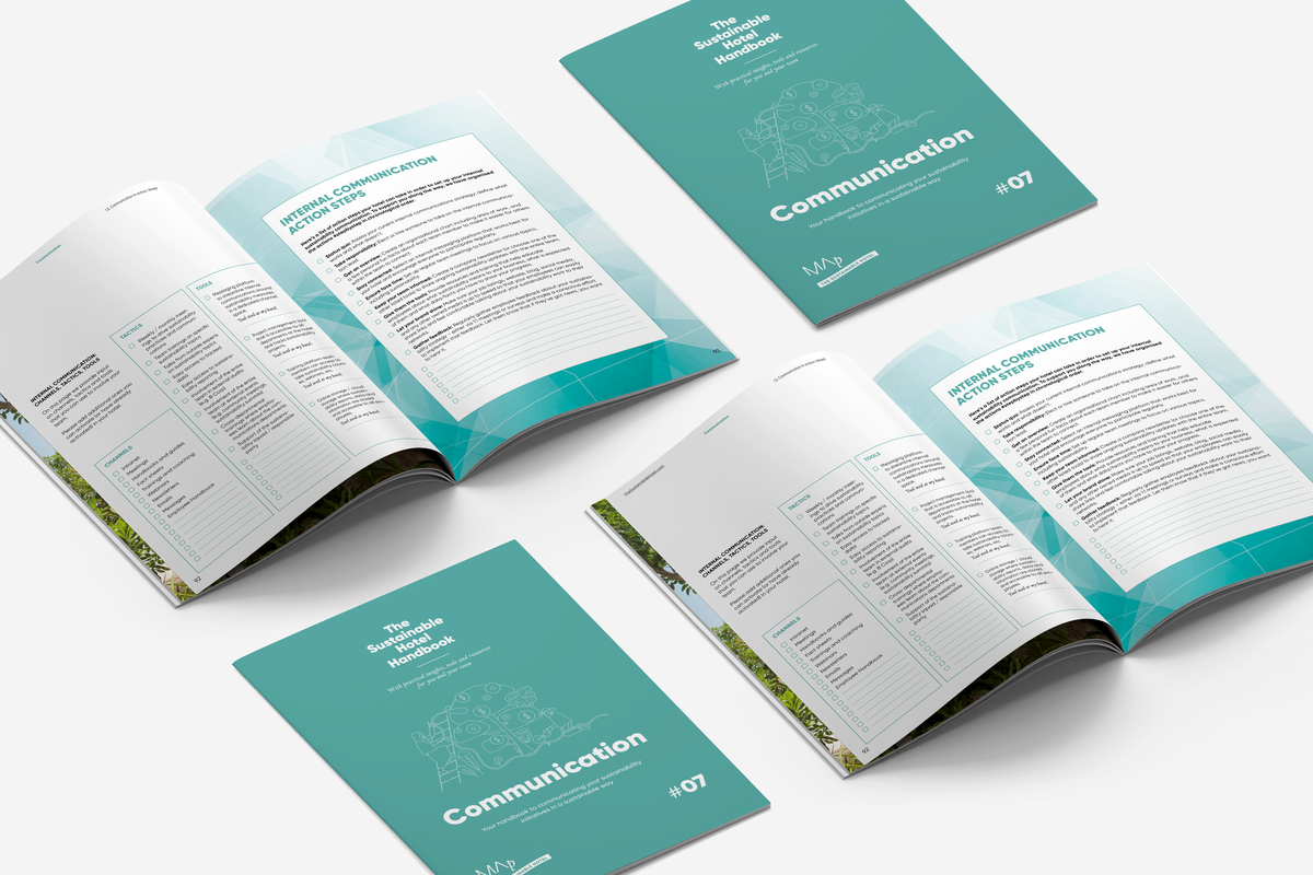 Multiple printed spreads featuring internal communication action steps and checklists