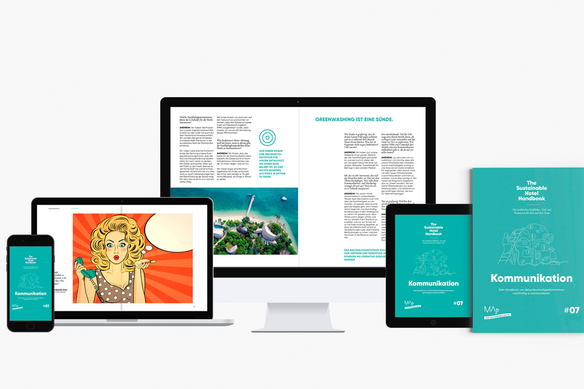 Multi-Device-Mockup mit Cover und Innenseiten des Kommunikationshandbuchs auf Smartphone, Laptop, Desktop und Tablet