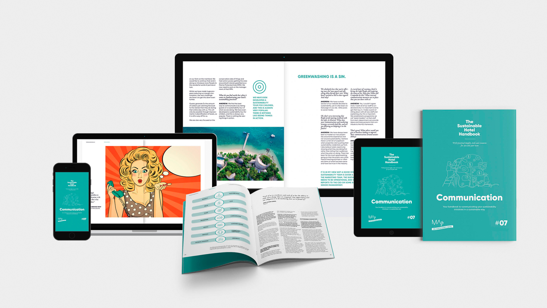 The Sustainable Hotel Handbook: Communication — teal cover and inside pages shown across phone, tablets, laptops, and an open booklet.
