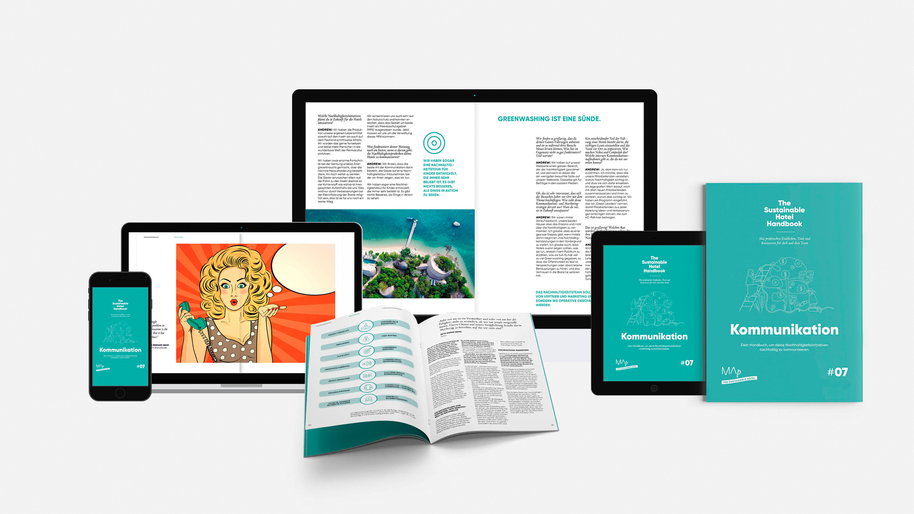 The Sustainable Hotel Handbuch: Kommunikation – Cover und Innenseiten auf Smartphone, Tablet, Laptop und als geöffnetes Booklet