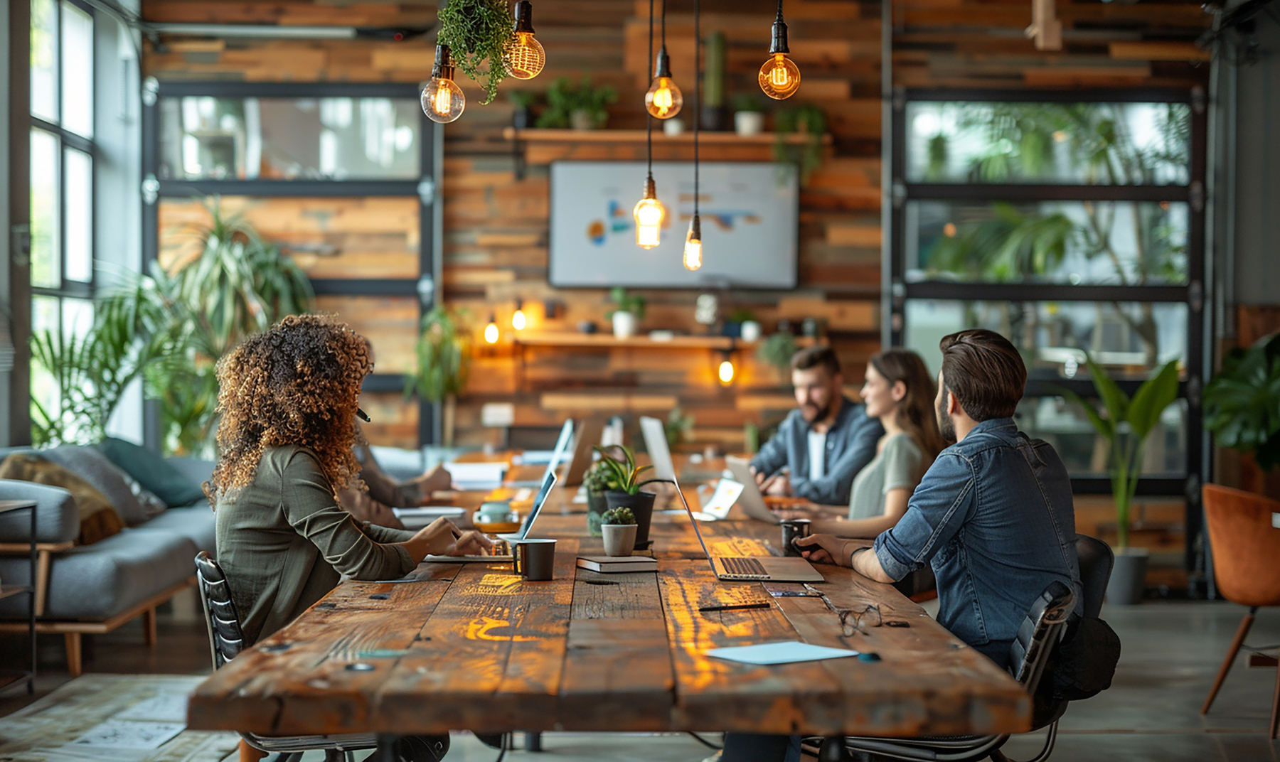 people sitting around a big table, dimmed lights, discussing AI for hotels