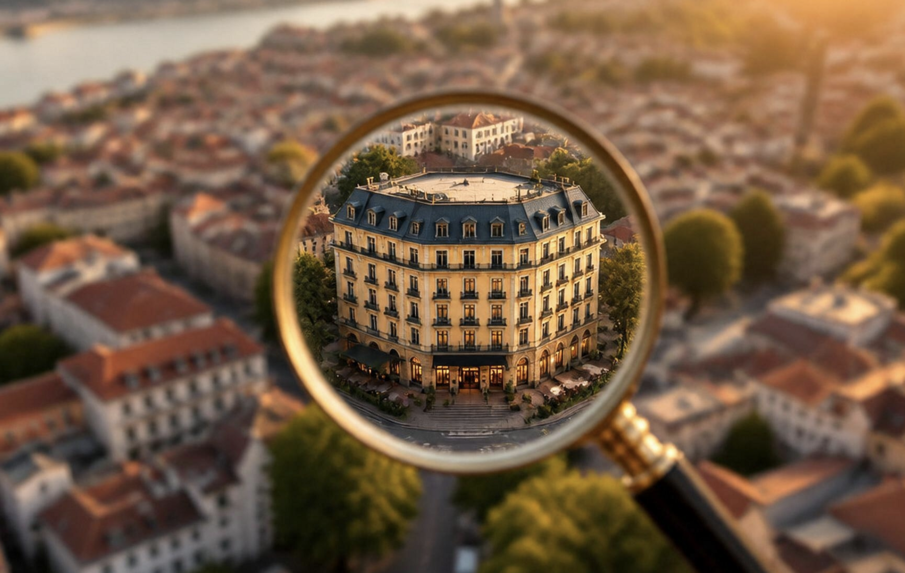 Aerial view of a town of blurred buildings with one hotel seen sharp and clear through a magnifying glass, symbolising the single hotel AI picks out and recommends